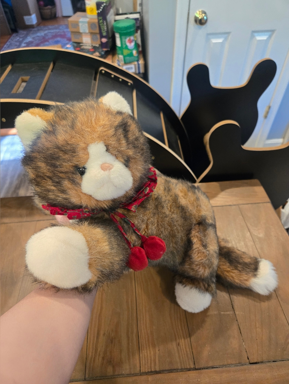 Vintage 1992 Plush Nick & Noel Tabby Cat Stuffed Toy with Red Bow And Bells
